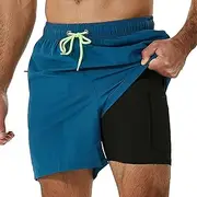 [WOTOW] Men's 2 in 1 Swimsuit, Quick Dry Swimsuit with Compression Boxer, Swimming Shorts with Zippered Pockets and Adjustable Drawstring for Beach Swimming Pool Running