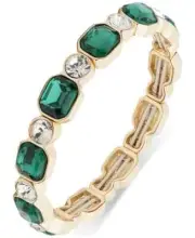 New Anne Klein Clear/ Emerald Green Stones & Gold Tone Stretch Bracelet 6.75"