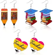[yfstyle] Cute Teacher Earrings Colorful Pencil Apple Book Earrings Teachers Wooden Dangle Earrings First Day of School Gifts Fun Earrings for Teacher Back to School Gifts