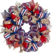 Red Burlap and Blue Patriotic Ribbon Wreath Handmade Deco Mesh