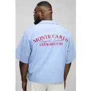 Mens Blue Plus Oversized Monte Carlo Embroidered Revere Stripe Shirt