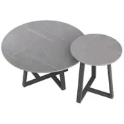 Fin 2Pcs Round Nesting Coffee Table Grey Marble End Side Tables Furniture Cross Legs