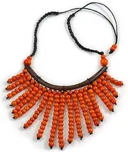 [Avalaya] Statement Orange Wooden Bead Fringe Black Cotton Cord Necklace - Adjustable, cords Wood