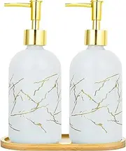 2 Pack Kitchen Soap Dispenser White Kitchen Bathroom Hands and Dishes Dispensers Set Glass Soap Dispenser with Pump Wooden Tray for Countertop Laundry Room Shampoo Lotion (White A)