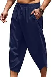 [JEShifangjiusu] Men's Lightweight Loose 3/4 Shorts Pants Linen Harem Capri Pants Drawstring Elastic Waist Casual Yoga Trousers