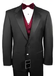 Sizes 34-64 Reg. 6-Piece Tuxedo w/Flat Front Pants, Burgundy Vest & Bow-Tie