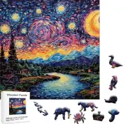 (°?°)~~Starry Night Challenging Wooden Jigsaw Puzzle Family Adult Kids Fun A4