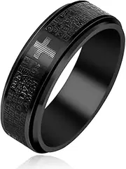 [Oneress] Christian Religious Bible Ring Anxiety & Stress Relief Ring Men's Black Ring Titanium Steel Christian Scripture Rotating Ring Cross Ring for Men Husband Dad Bff Friends Size: 7-13