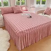 Velvet Ruffled Bed Skirts Bedspread Plush Shaggy Fitted Sheet Bedskirt Breathable Bedding Set with Pillow Cases, Warm Fleece Fluffy Decorative Bed Non-Slip Protector for Winter(Dark Pink,59 * 79in)