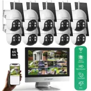 TMEZON 4MP Solar Security Camera System10CH NVR WiFi PTZ Camera 12'' Monitor 64G