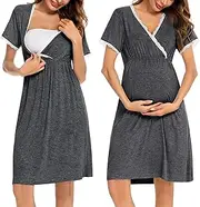 [SWOMOG] Women 3 in 1 Delivery/Labor/Nursing Nightgown Short Sleeve Pleated Maternity Sleepwear for Breastfeeding