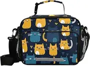 Cat on Blue Black Background Kids Lunch Bag Lunch Box with Water Bottle Holder Insulated Shoulder Bag for Work School Picnic