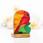 Stained Glass Cardinal Suncatcher Wood Candle Holder Window Panel Holly Leaves