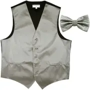 New men's tuxedo vest waistcoat + bow tie horizontal stripes prom formal gray