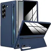 [YQODSZ] for Samsung Galaxy Z Fold 6 Case with S Pen Holder, Fold6 Pen Slot Case with Privacy Screen Protector, Foldable Kickstand, Hard PC Bumper Shockproof Anti-spy Cover for Z Fold 6 Blue