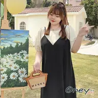 在飛比找momo購物網優惠-【ONEY 歐妮】★細肩假兩件短連衣裙(連衣裙/拼接/中長款