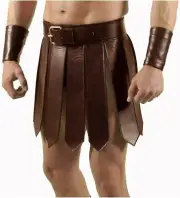 Mens Real Brown Leather Roman Gladiator Kilt Set Leather Kilt Gay Club Wear LARP