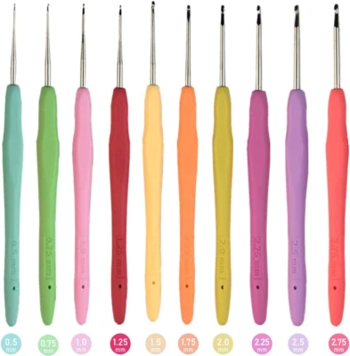 10 Small Sizes Crochet Hooks Sett, 0.5Mm - 2.75Mm Ergonomic Soft Handle Thread C