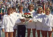 The West German Federation Cup team, including Steffi Graf pose w - Old Photo