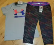 Under Armour gray logo top & black wordmark capris legging NWT girls' XL YXL