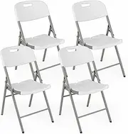 Costway Folding Chairs, Portable Plastic Seats with Metal Frame & Carrying Handle, Stackable Party Chairs for Indoor Outdoor Wedding Restaurant School Use, 4 Pack, White