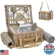 19Pcs Picnic Basket for 2 with Blanket - Wicker Picnic Basket with StrapandWi