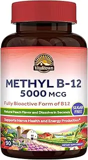 Vitamin B12 5000 mcg, Methyl B-12 (Methylcobalamin) , Fully Bioactive Form, Natural Peach Flavor, Dissolve in Seconds, Zero Sugar, Energy Metabolism Booster, Non-GMO, 90 Vegan Fast Dissolve Tablets