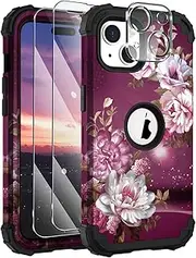 Hocase for iPhone 15 Case 6.1", with 2pcs Screen tectors and 1pc Camera tector, Shockof Heavy Duty Soft Silicone+Hard PC Hybrid tective Case - Royal Purple Flowers