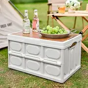 55L Collapsible Storage Bin with Wooden Lid and Waterproof Insert Perfect for SUV Groceries Camping