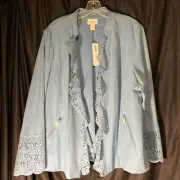 Chico's Faux-Suede Perforated Drape Open Front Blazer Jacket Blue NWT Size 3 16
