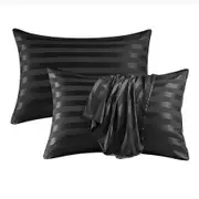 Satin Pillowcase Set of 2 Silk Pillow Cases For Hair and Skin Striped Rectangular Pillowcase 2 Pack with Envelope Closure (51*76cm Black)