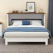 BIADNBZ Queen Size Murphy Bed Cabinet with Charging Station and Large Storage Drawer, Solid Wood Platform Bedframe, Foldable/Space Saving, for Home Office Small Room, White+Walnut