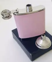 Leather Wrapped 2.5 oz Liquor Flask Silver Stainless Steel with Funnel New Pink