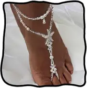 [Woeoe] Boho Crystal Anklet White Starfish Ankle Chains Beach Pearl Barefoot Sandals Ankle Bracelet Summer Foot Chain Jewelry for Women and Girls
