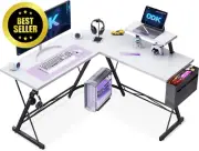 Gaming Desk L Shaped with Monitor Stand, Storage Bag, Metal Legs (white)