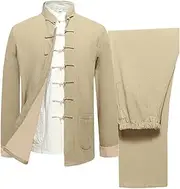 [NTWSHS] Chinese clothing Mens Classic Kung Fu Martial Arts Uniforms Set of 3 - Cotton Linen Tai Chi Uniform,ChineseTraditional Clothing Tang Suit Long Sleeved Coat Pants Zen Meditation Unifo