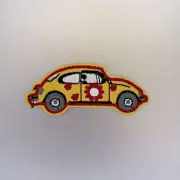 Vintage Beatle Patch — Iron On Badge Embroidered Motif — Bug Yellow Car Flowers