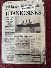 White With Black “London Herald Titanic Sinks Newspaper” Iron Art Print 8”x12”