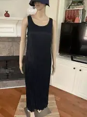 NWT EILEEN FISHER BLACK CRUSHED CUPRO SCOOP NECK F/L TIERED DRESS Size M/M