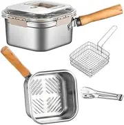 MTSDM 6.7L Small Deep Fryer, Mini Deep Fryer Pot Frying Basket Wood Handle Fryer Pan Outdoor Food Tongs Steam Pot Cooking Tool, Detachable Portable Deep Fryer with Lid And Oil Drip Drainer Rack