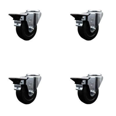 3.5 Inch Soft Rubber Wheel Swivel Bolt Hole Caster Set with Posi Lock Brakes SCC