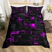 Neon Black Purple Comforter Cover Double Abstract Geometric Grid Checkered Bedding Set For Kids Girls Teen Women Glowing Stereoscopic Plaid Duvet Cover 3D Square Quilt Cover