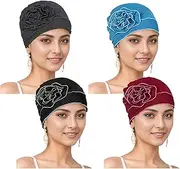 [Cmonie] 4 Pieces Chemo Turban Headwear with Flower, Soft Cancer Headwear Beanie Elastic Chemo Hats for Women