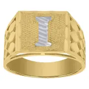 10kt Two-Tone Gold Mens Diamond-Cut Textured Initial Letter I Band Ring