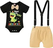 [Viworld] Baby Boys Cake Smash Clothes Dinosaur Bodysuit Diaper Suspenders Pants 3PCS Set First Birthday Outfit for Photo Prop Party
