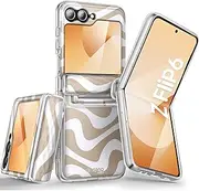 i-Blason Cosmo for Samsung Galaxy Z Flip 6 Case [Built-in Front Screen Protector] [Hinge Protection] [Support Wireless Charging] Slim Clear Protective Phone Case for Z Flip 6/Z Flip 5 (BeigeSwirl)
