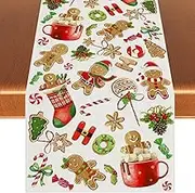 Linen Christmas Table Runner Christmas Gingerbread Table Mats Winter New Year Xmas Decor Gingerbread Christmas Decorations and Supplies for Home Table-13×72’’