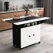 Luxsuite Folding Dining Table with Wheels Wood Space Saving Kitchen Dining Room Tables with Open Shelf and 2 Door Storage White Marbling & Black