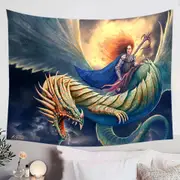 Warrior Riding a Scary Dragon Tapestry