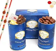 Ghasitaram Gifts Rakhi Gifts for Brothers Assorted Bites and Chocolate Coated Almond Cans with 2 Rudraksh Rakhis